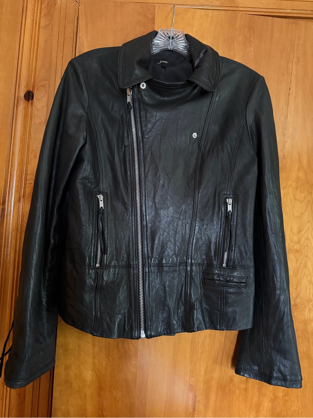 Women's Black Leather Zip-Front Jacket by June